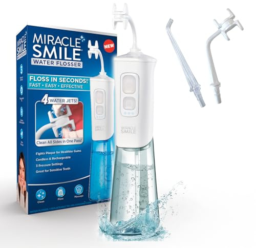 Miracle Smile Deluxe Water Flosser for Teeth & Gum Health, Unique H-Shaped Flossing Head & 4 Water Jets, Cordless Flosser Features 360° Cleaning & 3 Pressure Modes, USB Rechargeable
