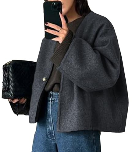 HOTIAN Women's V-Neck Wool Blend Short Coat Long Sleeve Cropped Jacket Fall Winter Peacoat Casual Pea Trench Coats