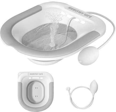 Sitz and bath for Toilet, Hemorrhoids Postpartum Care, Perineal Soaking for Women, Collapsible Sitz Bath Kit with Flusher Hose, Wider Seat, Deeper Bowl (Gray)