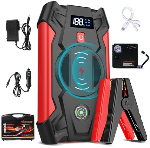 Anluomafuy Avviatore Batteria Auto,1800A Booster Avviamento, 12V Avviatore Emergenza per Auto,Jump Starter con Torcia a LED, Compressore Aria Portatile, per 6.0L Gas/ 4.0L Diesel