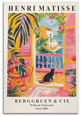 jocrynsi Henri Matisse Kunstdruck auf Leinwand, Motiv: schwarze Katze, rosa Dopamin, Kunstdruck, Heimdekoration, für Schlafzimmer, Wohnzimmer, 30 x 45 cm, ungerahmt, Beige