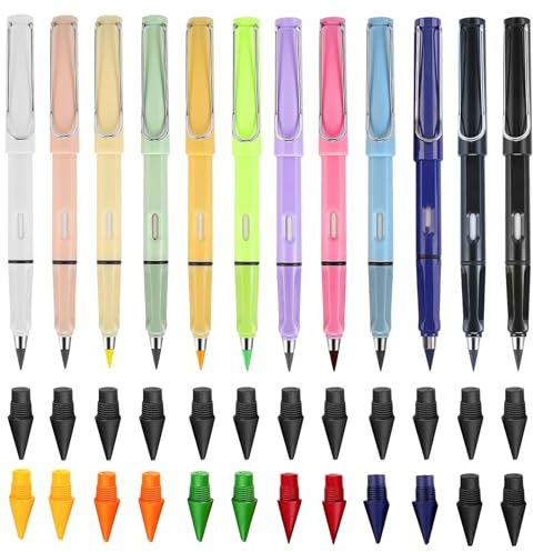 AIUNBEST 12 lápices eternos, lápiz sin sacapuntas con puntas reemplazables, lápiz infinito con borrador, instrumento de escritura duradero para niños y estudiantes