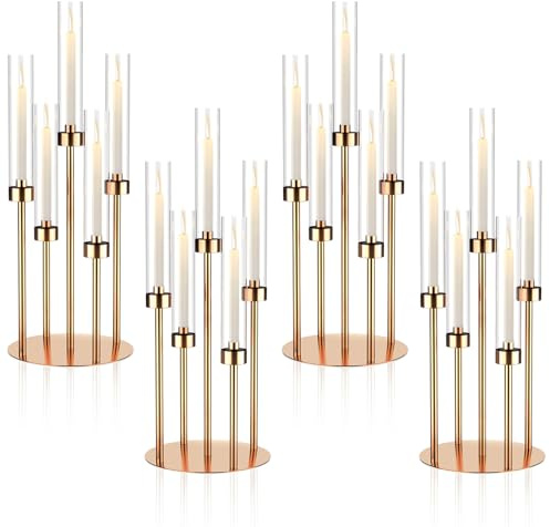 MYOYAY Lot de 4 bougeoirs à 5 bras de 66 cm de haut, centres de table en métal avec abat-jour en acrylique pour fête de mariage, décoration d'intérieur (doré)