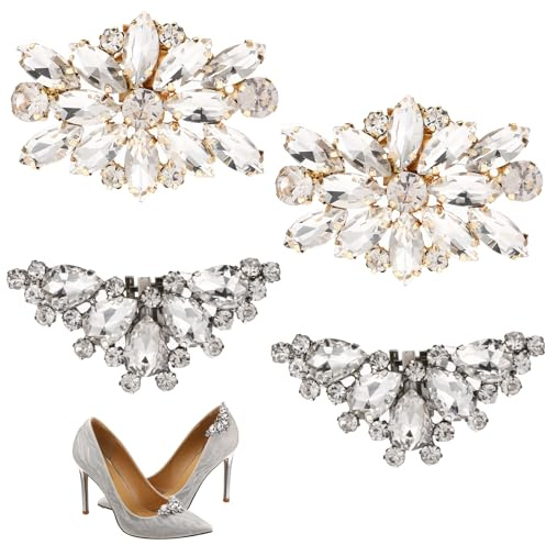 AHQiZFX 2 Pair Rhinestone Shoe Clips for Women, Elegant Gold Silver Shoe Charms Detachable Fashion Womens Crystal Shoes Clips Sparkling Shoes Buckles Bridal Wedding Prom Party High Heels Accessories