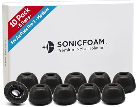SONICFOAM SFAir-3-Pro - Almohadillas de espuma viscoelástica para auriculares (negro mediano), compatibles con AirPods Pro 3 (10 unidades / 5 pares)