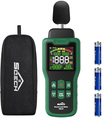 Fonometro,Misuratore Decibel SQECH che può misurare temperatura e umidità, Fonometri schermo retroilluminato a colori, Ponderazione A/C, unità dB/SONE, risposta veloce/lenta, 30–130dB