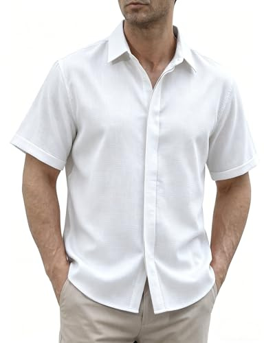 Gavliuu Chemises en Lin pour Homme à Boutons Cachés, Chemise Manches Courtes d'Été Décontractée pour Plage