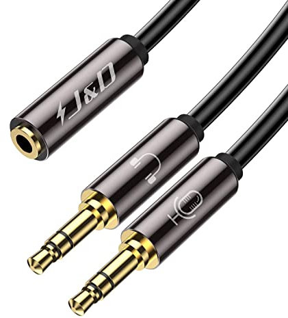 J&D Kopfhörerverteileradapter 3.5mm, Kopfhörerverteiler für Computer von 3.5mm Buchse zu 2 Dual 3.5mm Stecker Mikrofon und Audio Y-Splitter Mikrofon Stereo Buchse Kopfhörer Anschlusskabel, 20cm
