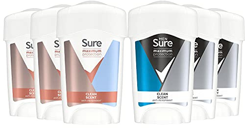 sure Men and Women Clean Scent Deodorant Sticks - Pack of 6 x 45ml (3 of each)