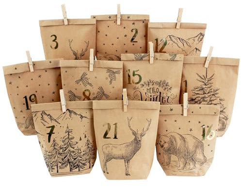 Papierdrachen Adventskalender zum Befüllen - 24 bedruckte Geschenktüten und 24 Zahlenaufkleber und Klammern - Motiv Cozy Winter schwarz - zum Basteln und Verschenken - Weihnachten