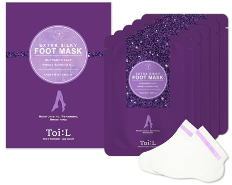 Extra Silky Foot Mask 5 Pairs, Post-Peeling Foot Care Treatment, Moisturizing Socks with Guerande Salt & Sweet Almond Oil for Dry Feet, Cracked Heels, and Callus