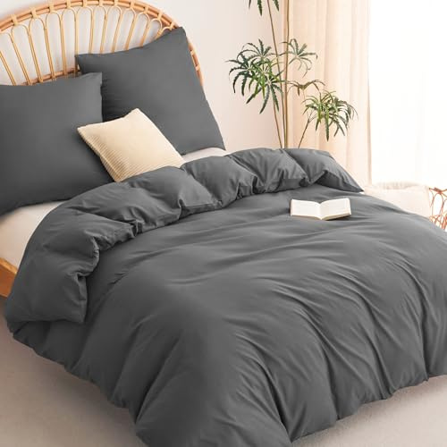 WAVVE Bettwäsche 220x240 3teilig Anthrazit - 1 Bettbezug 220 x 240 cm mit 2 Kissenbezüge 80x80 cm, ÖKO-TEX Bettwäsche-Sets 240x220 cm Grau aus Mikrofaser mit Reißverschluss Weich