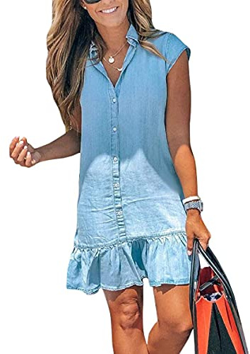 Onsoyours Vestidos Camisero de Denim para Mujer Retro Cuello En V Casual Verano Suelto Maxi Vestidos con Botones Manga Larga Jeans Vestido L Azul S