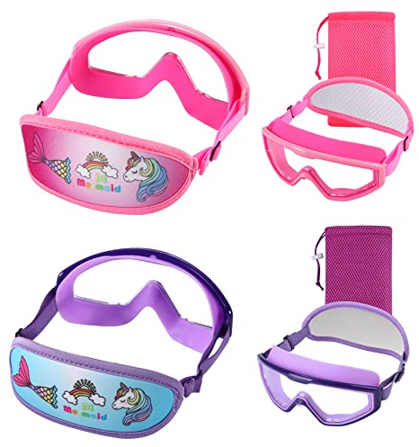 RUIGAO 2PK Swim Goggles,Kids Goggles Fabric Strap, Wide View Pink/Purple Girls Swimming Mask for Kids 4-7