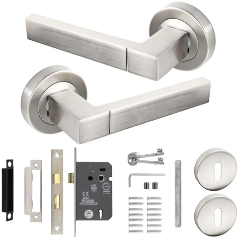 Decoranddecor Lumina Satin Nickel Internal Door Handles – Aluminium Handle Sets with Fire-Rated Sash Lock and Keys – Sleek and Durable Design for Wooden Interior Doors in Homes and Offices