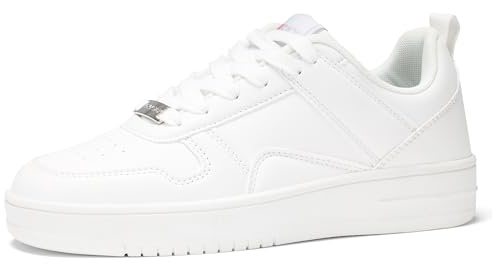 LUCKY STEP Women Fashion Sparkle Rhinestone Sneakers White Leather Low Top Tennis Shoes Lace Up Casual Comfortable Walking Shoe