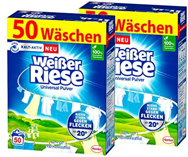 Weißer Riese Universal Pulver 100 WL (2x50 Waschladungen), Vollwaschmittel riesig stark gegen Flecken, Kalt-Aktiv schon ab 20° C, ergiebiges Waschpulver, ideal für Familien mit Kindern