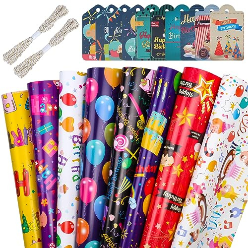 GAOHUI 20PCS Wrapping Paper, 8 Sheets Colourful Birthday Wrapping Paper with 10 Gift Tags, 2 Rope, Recyclable Gift Wrap for Christmas, Easter, Mothers Day, Baby Shower(70 X 50cm)