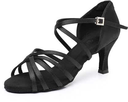 Rosefinch Zapatos de Baile Latino para Mujeres Bailes de salón Fiesta Bailes de Salsa Práctica Zapatos Negro 7cm 40EU