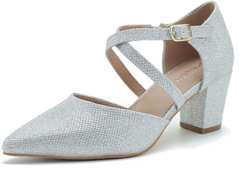 Women's Pointed Toe Pumps, Cross-Strap, Block Heel Dress Shoes Glitter Silver 45 - US 10.5