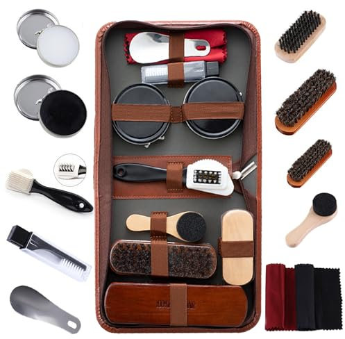 FGXY Set Per La Cura Delle Scarpe, 10 Pezzi, Per La Cura Delle Scarpe, Set Da Viaggio Con Spazzola, Crine Di Cavallo, Crema Per Scarpe, Marrone (11 PCS)