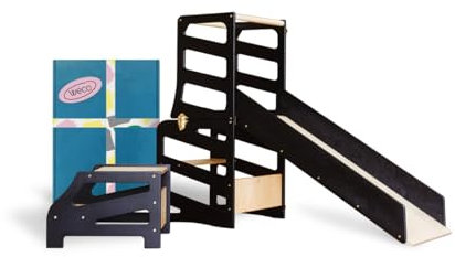 Weco Montessori Kinder Lernturm 3 in 1 Streifen Design mit Rutsche und Tritthocker FSC Zertifikat Schreibtisch Montessori Möbel Küchenhelfer klappbar Stylisch Lernturm (Schwarz)