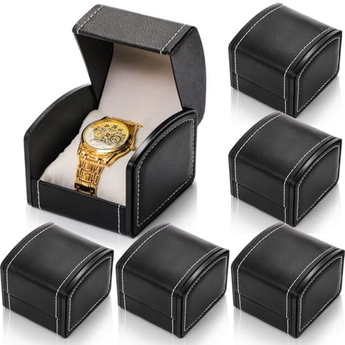 Eorbow 6 Packs Single Grid Watch Box with Pillow, PU Leather Gift Case for Bracelet, Jewelry Wristwatch Storage, Watch Display Holder for Men and Women, Single Watch Roll Organizer, Black