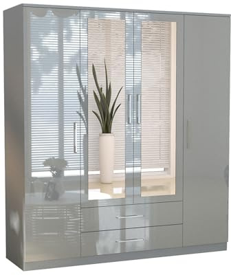 URBAN FURNISHING 4 Door Wardrobe with Mirror and Drawers | High Gloss MDF Mirrored Wardrobe for Bedroom | Double Wardrobe with 2 Drawer & 10 Shelves | Grey 160cm