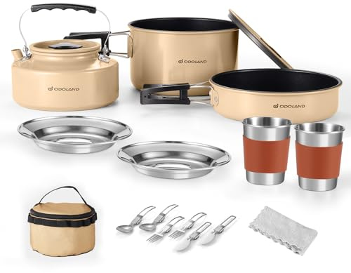 Odoland Camping Batterie de Cuisine pour 2 Personnes, Set de Couverts de Camping, Poêle à Frire Moyenne + Casserole Moyenne, Bouilloire 0,8L, 2 Sets de Couverts en Acier Inoxydable, Kaki