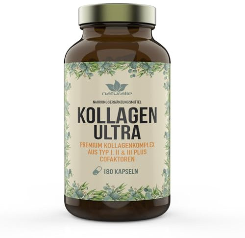 naturalie® Kollagen Ultra | premium Kollagen Kapseln | mit Cofaktoren Hyaluronsäure, Vitamin-C, Zink und mehr | 180 Kapseln im Braunglas | laborgeprüfte Qualität