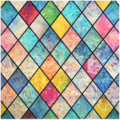 Haton Stained Glass Window Film, Rainbow Window Privacy Film, Decorative Sun Blocking Glass Clings Stickers, Static Cling Colorful Lattice Coverings Decals for Home Door 17.5 x 118.1