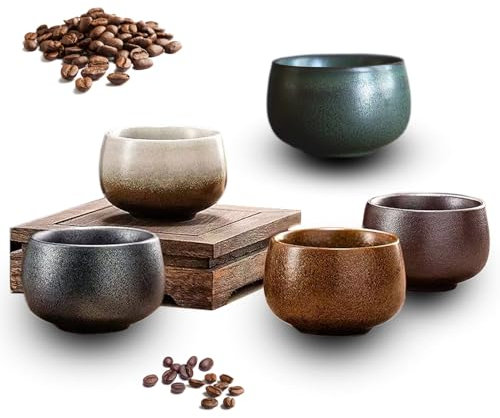 OndaCore Espressotassen SET 5x80ml, Dickwandig Tassen aus Steingut, Handgefertigte bunte Kaffeetassen, Keramik Teetassen ohne Henkel, spülmaschinenfest, Espressobecher, Mokkatassen