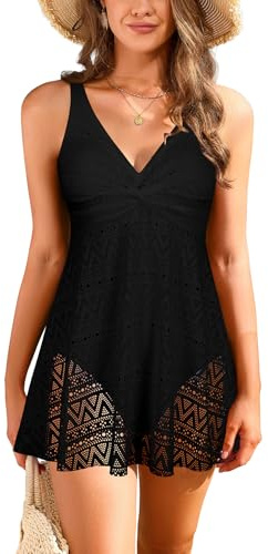 SHEKINI One Piece Swimdress Swimsuits for Women Skirted Swimming Costume Tummy Control Lace Swim Suit Bathing Suits with Briefs Plus Size Black