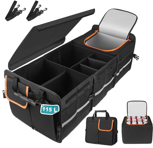 Strixorn XXXL Organizer per bagagliaio auto con coperchio, 115 l, pieghevole, borsa termica da 24 l, con 6 scomparti, impermeabile, antiscivolo, con manici per campeggio e uso quotidiano, 89 x 36 x 31