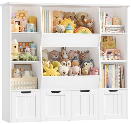 FOREHILL Mueble Organizador Juguetes, Mueble Almacenaje Juguetes, Estanteria Montessori, Organizador de Juguetes Infantil, Estanteria Infantil, 4 Cajones con Ruedas, 8 Compartimentos, Blanco