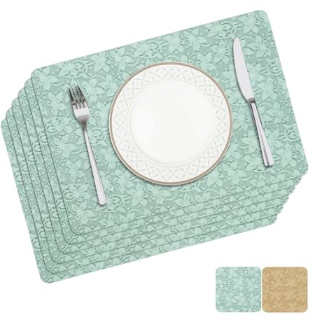 Privalace blompressat läder bordstabletter set med 6,43 x 30 cm mintgröna vattentäta bordsmattor, dubbelsidiga retro bordstabletter för hemmatritiden