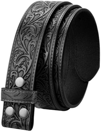 ACOLY Cinturón Western Para Hombre Sin Hebilla, De Piel Con Grabado Floral, Color Negro (100 Cm)