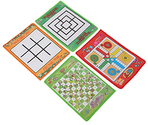 KIMISS Jeu d'échecs Portable 4 en 1 Serpent et échelle, Ludo, Nine Men's Morris et Naughts & Crosses pour s'amuser en Famille – Jeu de société Léger et Pliable