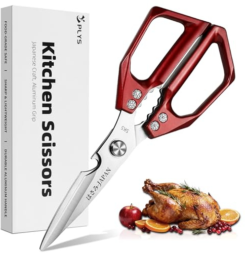 Forbici da Cucina Affilate: Forbici da Pollame in Acciaio Inox Con Apribottiglie e Schiaccianoci, Adatte per Tacchino, Ossa, Verdure e Arrosti (Rosse)