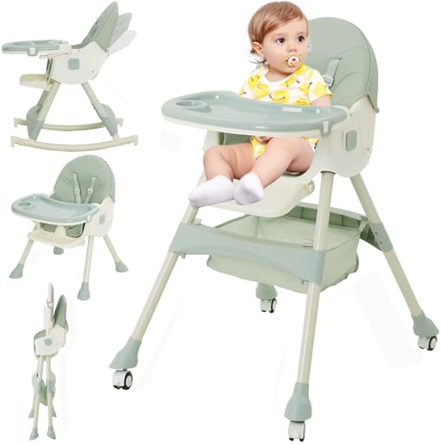 Chaise Haute Bébé Evolutive 3 en 1,Pliable,Inclinable,Double Plateau Détachable,avec Roues Universelles,3 Dossier Réglable et Ceinture de Sécurité à 5 points,Pour Bébé à partir de 6 Mois,Vert