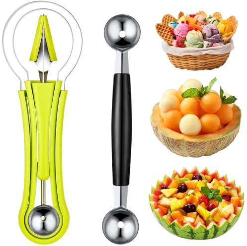 Patelai 2 Pcs Melon Baller Scoop Set 4 in 1 Stainless Steel Fruit Cutters Double Ended Headed Watermelon Scooper and Ice Cream Baller for Dig Pulp Separator Fruit Slicer