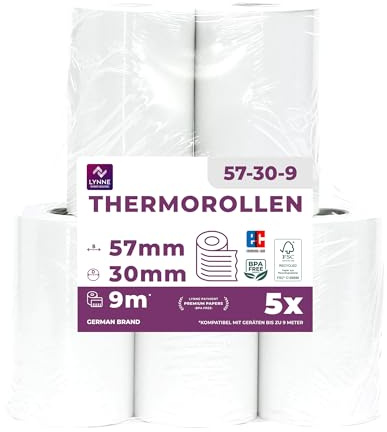 Ec-Cash termopappersrullar 57 mm x 9 m x 12 mm – kassarullar – termopapper – kvittorullar för bankomat – kreditkortläsare (57 x 30 x 12) – med SEPA-autogivetext (5 rullar)