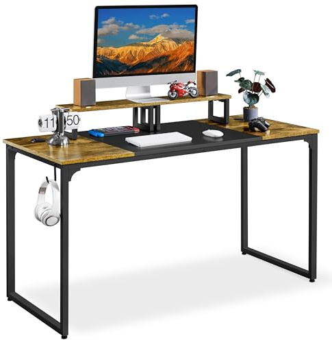 Yaheetech Scrivania per Computer Tavolo per PC Postazione di Lavoro Portaoggetti 140 x 60 x 89 cm Mobile da Ufficio a 2 Ripiani in Legno e Metallo Tavolo per Studio Vintage e Industriale