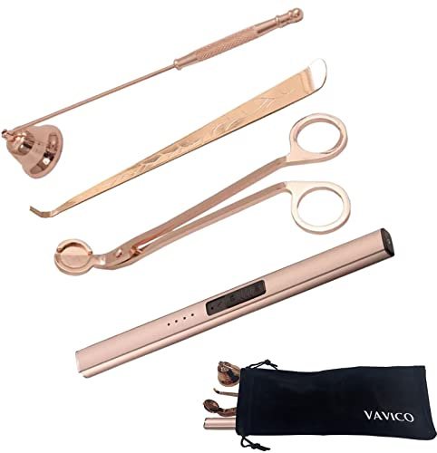 VAVICO Candle Wick Trimmer Cutter Snuffer Arc Lighter Set Candle Care Kit Electric Plasma USB Rechargeable Long Windproof Lighter Candlesnuffer Candles Wicks Dipper (Rose Gold)