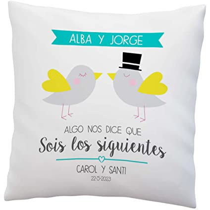Sois los siguientes Detalle boda. Personalizado 40x40 cm, incluye relleno cojin. Regalo invitados próximos en casarse. Almohadón original decoración
