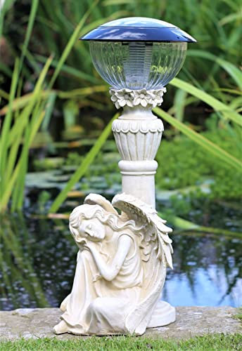 HH Home Hut Solar Powered Fairy Garden Resin Ornament Angel Cherub with LED Light, Hand Painted Figurine Statue for Pond Porch Patio Yard Porch Decorations - 42cm Tall
