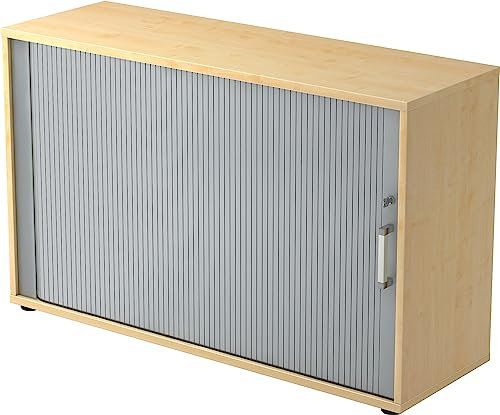 bümö Aktenschrank abschließbar mit Rollladen, Rollladenschrank für Ordner & Co. - Büroschrank mit Rollo, abschließbarer Ordnerschrank aus Holz in Ahorn/Silber mit Chromgriff
