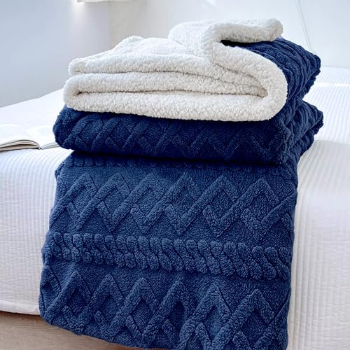 HOMEYA Manta Borreguillo Doble Cara Franela/Sherpa 130x160 cm - Manta Sofa/Cama, 100% Poliester, Caliente Invierno Suave, Marino