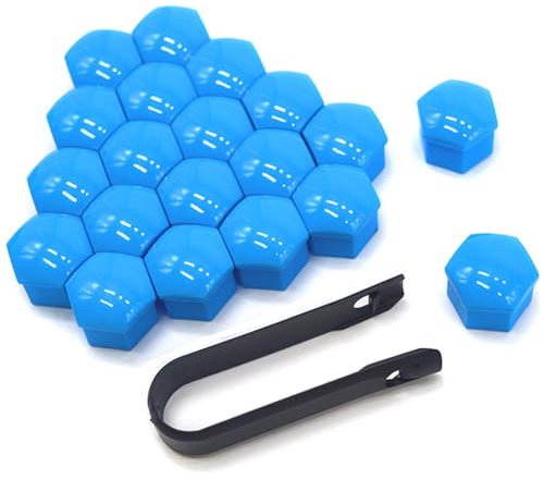 QitinDasen 20 Pezzi 19 mm Auto Ruote Copridado, Tappo Dado Bullone Ruota, Tappo a Vite Mozzo Ruote Auto Universale, Coperchio Dado Pneumatico Esagonali con Strumento di Rimozione (Blu)