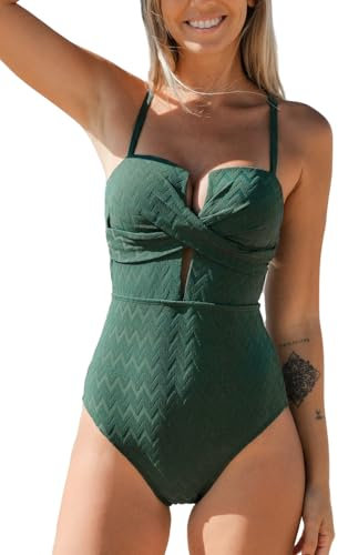 CUPSHE Damen Badeanzug Wickeloptik Tiefer Ausschnitt Crossover Geformte Cups Gerippte Textur Einteilige Bademode Swimsuit Armeegrün L